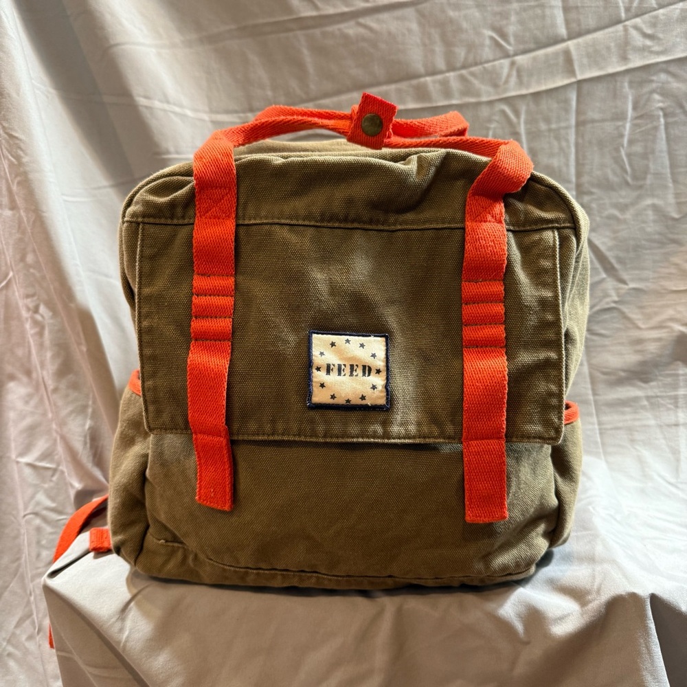 FEED Gorpcore Utility Cotton Canvas Backpack Green Orange Durable Pre-owned